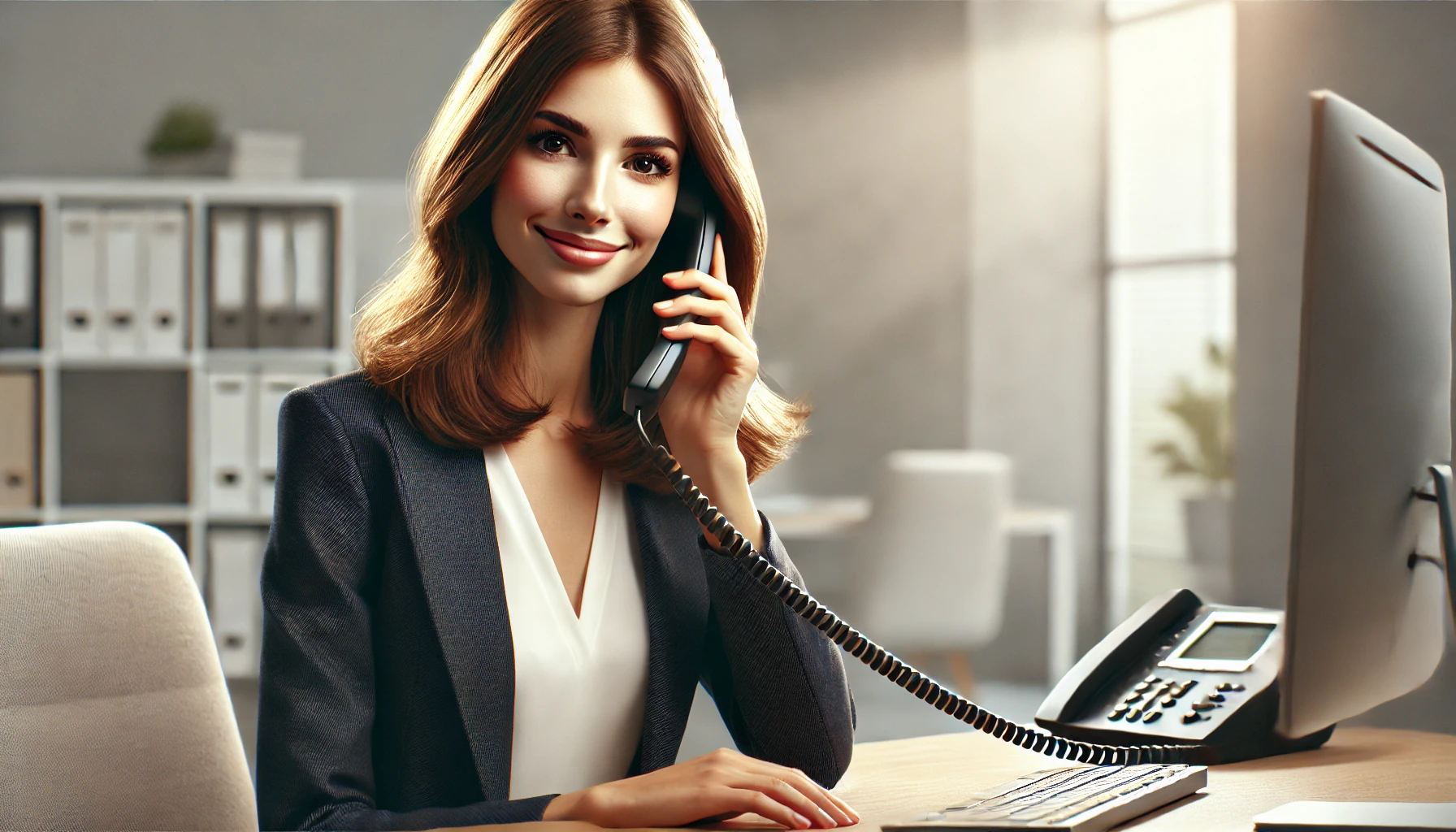 Eine freundliche Frau mit mittellangem braunen Haar, die in einem Büro lächelnd das Telefon beantwortet.